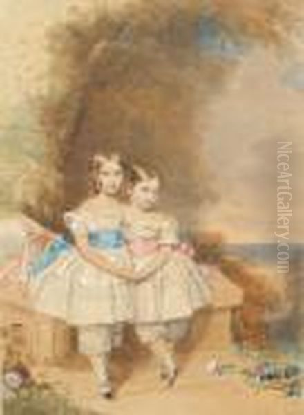 Two Young Children, The One To
The Leftwearing Full-skirted White Dress With Short Sleeves And Tied
Bluesash, White Drawers Trimmed With Broderie Anglaise, White Anklesocks
And Black Slippers, Her Hair Dressed In Ringlets, The One Tothe Right
Wear - view 1