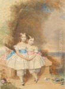 Two Young Children, The One To 
The Leftwearing Full-skirted White Dress With Short Sleeves And Tied 
Bluesash, White Drawers Trimmed With Broderie Anglaise, White Anklesocks
 And Black Slippers, Her Hair Dressed In Ringlets, The One Tothe Right 
Wear