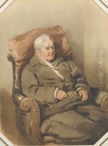 An Elderly Gentleman, Wearing
Grey Coat Overwhite Shirt, A Blanket Covering His Knees, Seated In A
Carved Andupholstered Armchair With A Cushion Behind His Head. - view 1