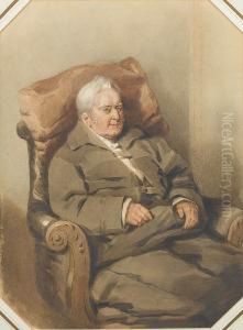 An Elderly Gentleman, Wearing 
Grey Coat Overwhite Shirt, A Blanket Covering His Knees, Seated In A 
Carved Andupholstered Armchair With A Cushion Behind His Head. by Francois Theodore Rochard