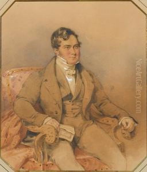 A Gentleman, Wearing Brown Frock
 Coat,waistcoat And Trousers Over White Shirt And Tied White 
Stock,seated In A Carved And Upholstered Armchair, A Pamphlet Held In 
Hisright Hand. - view 1