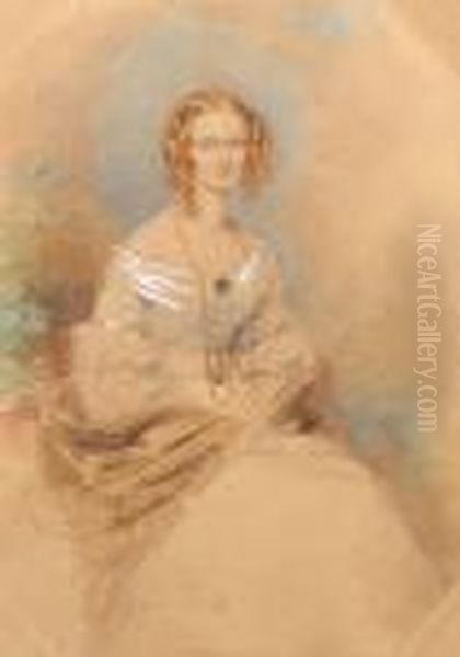 A Lady, Wearing Pale Blue Dress
Piped Withribbon And Trimmed With Flounces Of Lace At The Neck And
Sleeves,sash With Gold Buckle At Her Waist, Diamond-shaped Brooch At
Herbreast, Fine Gold Chain Around Her Neck And Brown Shawl Wrappedaround
Her Ar - view 1