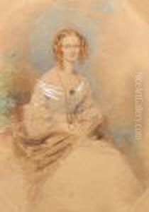 A Lady, Wearing Pale Blue Dress 
Piped Withribbon And Trimmed With Flounces Of Lace At The Neck And 
Sleeves,sash With Gold Buckle At Her Waist, Diamond-shaped Brooch At 
Herbreast, Fine Gold Chain Around Her Neck And Brown Shawl Wrappedaround
 Her Ar