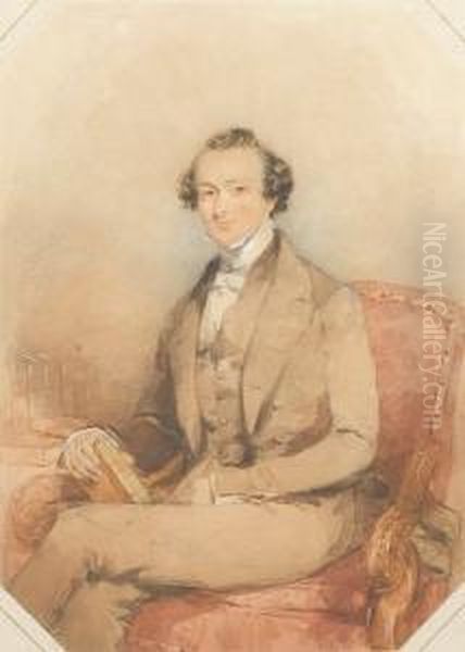 A Gentleman, Wearing Brown
Frock-coat,waistcoat And Trousers Over White Shirt With High Tied White
Stock,seated In An Upholstered Red Armchair, A Book Held In His
Righthand, Books Visible On A Tabletop To His Right. - view 1