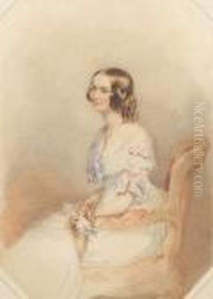 A Lady, Wearing White Dress With
Lace Bertha,the Bodice And Short Sleeves Trimmed With Tied Pink
Ribbons, Ablack Ribbon With Gold Pendant Around Her Neck, A Pink Rose In
Herright Hand, Her Brown Hair Dressed In Ringlets, Seated In
Anupholstered Re - view 1