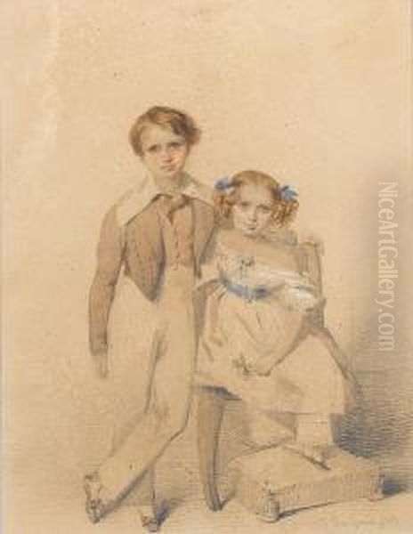 James Henry Reid, Wearing Brown
Coat, Matchingwaistcoat With White Trousers And Falling Collar, His
Sisterkatherine, Seated To His Left, Wearing White Dress With
Shortpuffed Sleeves And Blue Sash And Gold Buckle, A Knotted Blue
Ribbonat Her Breast - view 1