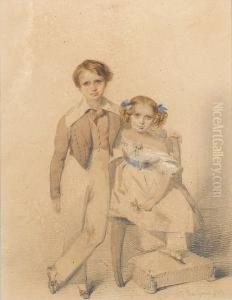 James Henry Reid, Wearing Brown 
Coat, Matchingwaistcoat With White Trousers And Falling Collar, His 
Sisterkatherine, Seated To His Left, Wearing White Dress With 
Shortpuffed Sleeves And Blue Sash And Gold Buckle, A Knotted Blue 
Ribbonat Her Breast
