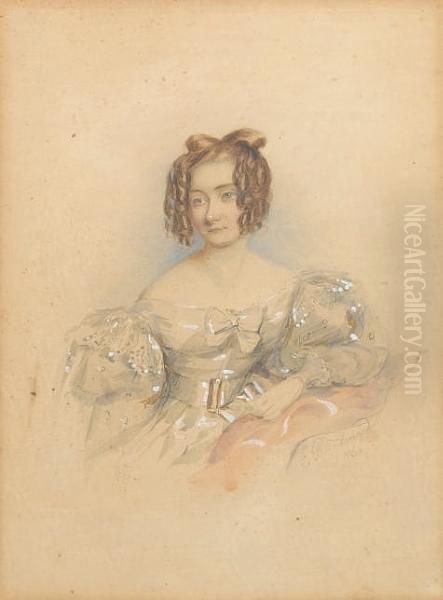 Mary Scriven (d.c.1849), Wearing
 Cream Dresswith Lace Shoulder Caps, Short Puffed Sleeves And Long 
Gauzeoversleeves, Gold Belt Buckle And Knotted Ribbon Corsage, Her 
Brownhair Worn In Ringlets. - view 1