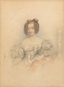 Mary Scriven (d.c.1849), Wearing
 Cream Dresswith Lace Shoulder Caps, Short Puffed Sleeves And Long 
Gauzeoversleeves, Gold Belt Buckle And Knotted Ribbon Corsage, Her 
Brownhair Worn In Ringlets.