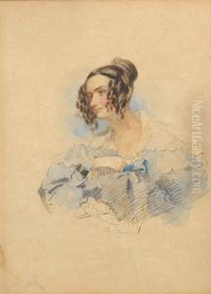 Ellen Werge, Wearing Blue Dress
With Frilledwhite Pelerine Collar And Corsage Of Knotted Blue Ribbon,
Her Brownhair Dressed In Ringlets And A Bun. - view 1