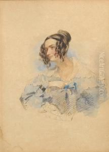Ellen Werge, Wearing Blue Dress 
With Frilledwhite Pelerine Collar And Corsage Of Knotted Blue Ribbon, 
Her Brownhair Dressed In Ringlets And A Bun.