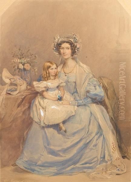 Mrs Robert Close (d.1874),
Wearing Blue Dresswith Bertha And Gigot Sleeves, Gold Chain Around Her
Neck And Goldring On Her Left Hand, Long White Gauze Shawl With
Floralembroidered Border Around Her Shoulders, Her Brown Hair Dressed
Insausage Curls - view 1