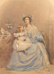 Mrs Robert Close (d.1874),
Wearing Blue Dresswith Bertha And Gigot Sleeves, Gold Chain Around Her
Neck And Goldring On Her Left Hand, Long White Gauze Shawl With
Floralembroidered Border Around Her Shoulders, Her Brown Hair Dressed
Insausage Curls by Francois Theodore Rochard