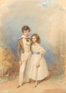 Vere Henry Close, Wearing Brown 
Coat Over Buffwaistcoat With Brown Spots, White Shirt With Turned-back 
Collar Andtied Brown Stock, Cream Trousers And Brown Boots, Holding A 
Ridingcrop In His Right Hand, And Sophia Caroline Close, Wearing 
Whitedres