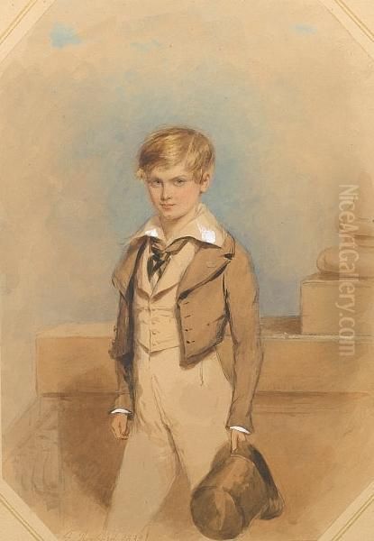 Barry Maxwell Close
(1828/9-1873), Wearingbrown Coat Over Buff-coloured Trousers And
Waistcoat, With Abroad-collared Shirt And Tied Black Cravat, A Top Hat
In His Lefthand, Ledge And Column Behind. - view 1