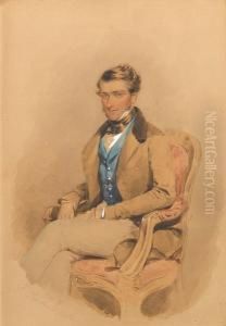 A Pair Of Portraits Of The Rev. 
George Gilbeybarton, Wearing Fawn-coloured Coat With Brown Collar, Buff 
Colouredtrousers, Blue Waistcoat And White Shirt With Tied Black 
Stock,seated In A Carved And Upholstered Armchair; And Mrs Barton 
(neelouisa A
