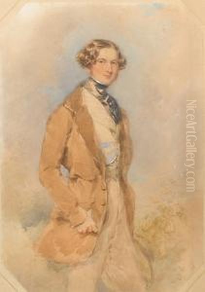 Stephen Ram (b.1819), Wearing
Brown Frock Coatwith Buff Trousers, Striped Waistcoat And Tied Black
Stock Withpin, A Broad Brimmed Top Hat In His Left Hand. - view 1