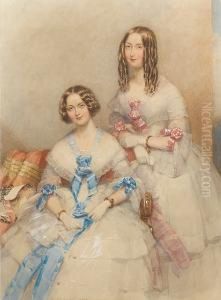 Two Young Ladies, The One On The
 Left Wearingwhite Dress With Lace Bertha And Flounced Skirt, The Bodice
 Andthree-quarter Length Sleeves Lavishly Trimmed With Knots Of 
Blueribbon, Short White Gloves And Gold Bracelets On Her Wrists, 
Herbrown Hair 