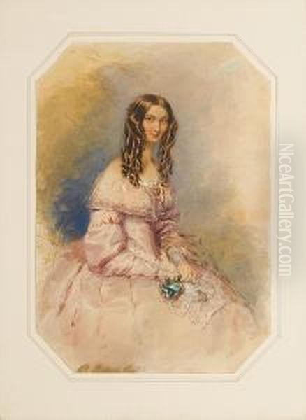 A Lady, Wearing Pink Dress With 
White Lacebertha, Gold Brooch Set With Red Stone At Her Breast, Fine 
Goldchain Around Her Neck, Her Long Brown Hair Dressed In 
Ringlets,holding A Sprig Of Flowers And A White Lace Handkerchief In 
Herlap. - view 1