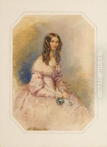 A Lady, Wearing Pink Dress With 
White Lacebertha, Gold Brooch Set With Red Stone At Her Breast, Fine 
Goldchain Around Her Neck, Her Long Brown Hair Dressed In 
Ringlets,holding A Sprig Of Flowers And A White Lace Handkerchief In 
Herlap.