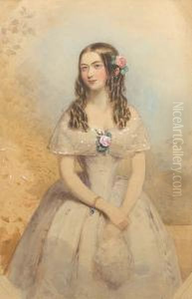 A Lady, Wearing Grey Dress With
White Lacebertha, Corsage Of Pink Roses And Green Leaves, A Gold
Bracelet Setwith A Blue Stone On Her Right Wrist, Her Arms Crossed In
Front,holding A Lace Handkerchief In Her Left Hand, Her Long Brown
Hairworn In R - view 1