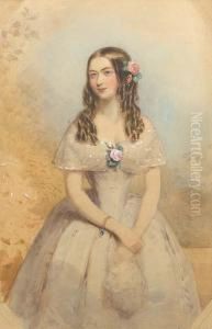 A Lady, Wearing Grey Dress With 
White Lacebertha, Corsage Of Pink Roses And Green Leaves, A Gold 
Bracelet Setwith A Blue Stone On Her Right Wrist, Her Arms Crossed In 
Front,holding A Lace Handkerchief In Her Left Hand, Her Long Brown 
Hairworn In R