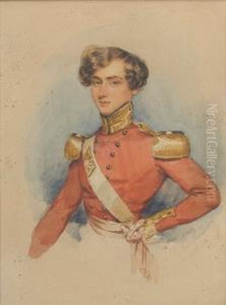 Captain Robert Dean Werge Of The
39th Foot,wearing Red Coatee With Gold Collar And Epaulettes, White
Crossbelt Bearing Gilt Belt Plate, A Crimson Sash Tied At Hiswaist. - view 1