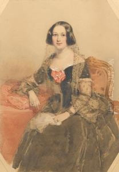 A Lady, Wearing Black Dress, The
Neckline And Short Sleeves Trimmed With White Lace, Corsage Of Knotted
Red Ribbon, Black Lace Veil, Black Ribbon Bracelets On Both Wrists,
Rings On Both Hands, Her Black Hair Looped Over Her Ears, Seated In A
Carve - view 1