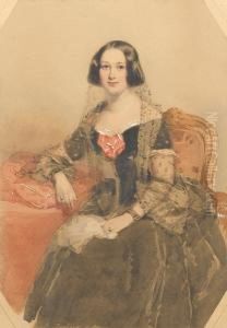A Lady, Wearing Black Dress, The
Neckline And Short Sleeves Trimmed With White Lace, Corsage Of Knotted
Red Ribbon, Black Lace Veil, Black Ribbon Bracelets On Both Wrists,
Rings On Both Hands, Her Black Hair Looped Over Her Ears, Seated In A
Carve by Francois Theodore Rochard