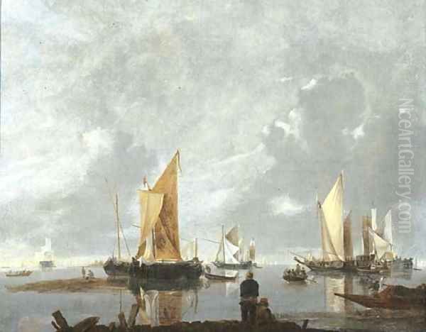 Moored ships in a calm, fisherfolk on a jetty nearby by Hendrick Dubbels