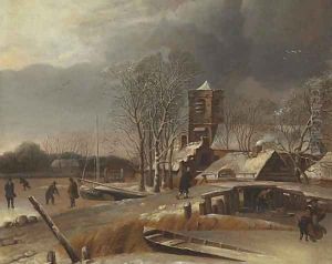 Winter landscape with skaters on a frozen canal by Hendrick Dubbels