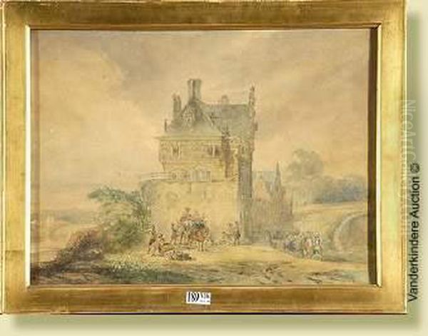 Lahalte Des Militaires Au
Chateau, Aquarelle Sur Papier. Attribuee Acharles Rochussen. Ecole
Hollandaise. Dim.:27,5x36,5cm - view 1