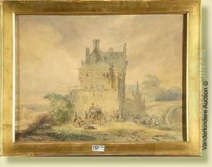 Lahalte Des Militaires Au 
Chateau, Aquarelle Sur Papier. Attribuee Acharles Rochussen. Ecole 
Hollandaise. Dim.:27,5x36,5cm