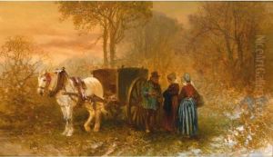 Travellers By A Horse And Cart In A Wooded Landscape