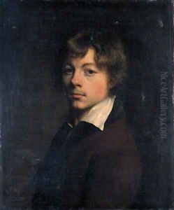 Portrait of the artist, in a brown jacket with a black collar