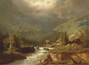 Fishing In An Alpine Stream by Carl Gustav Rodde