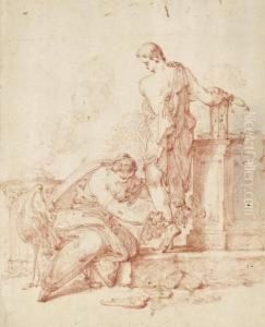 Mythologisch-allegorische Szene 
Mit Dem Gotterboten Hermes,dem Flugel An Seine Fersen Gebunden Werden, 
Einem Kranich, Altarund Sanduhr