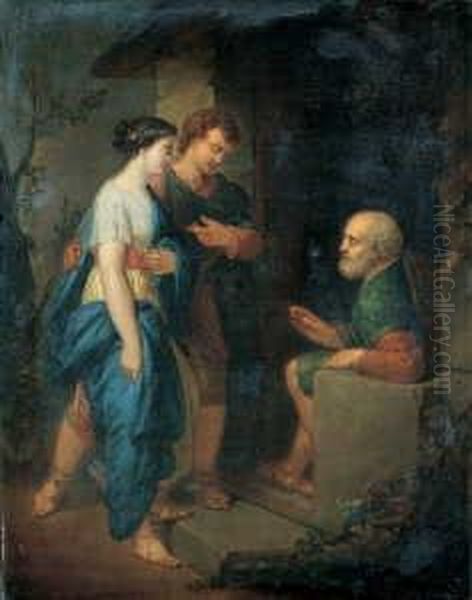 Auf Dem Keilrahmen Ein Von Alter
Hand Beschrifteter Klebezettel: 1750 A 1760/rode Ein Junges Madchen Und
Ein Jungling Vor Einem Sitzenden Greis. - view 1