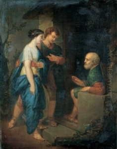 Auf Dem Keilrahmen Ein Von Alter
 Hand Beschrifteter Klebezettel: 1750 A 1760/rode Ein Junges Madchen Und
 Ein Jungling Vor Einem Sitzenden Greis. by Christian Bernhard Rode