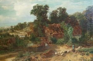 Bauernhof. Im Vordergrund Hirte Mit Schafen. Unten Rechts Signiert C. Rodeck by Karl Rodeck