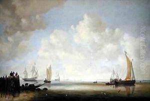 Ships offshore in a calm with figures on a jetty by Willem van Diest