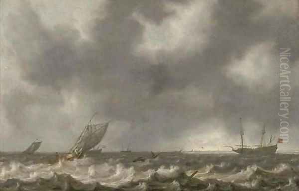 Dutch men-o'-war and other shipping in choppy seas, with a view of the coast beyond - view 1