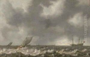 Dutch men-o'-war and other shipping in choppy seas, with a view of the coast beyond by Willem van Diest