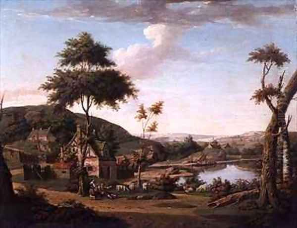 River landscape with Figures Outside a Cottage - view 1