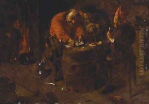 Elderly peasants playing cards on a barrell, in an interior by Abraham Diepraam