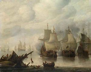 A naval battle between English and Dutch fleets in a calm, sailors abandoning a wreck in the foreground