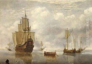 A States Yacht firing a salute at a departing barge, with other shipping in a calm by Hendrick Dubbels