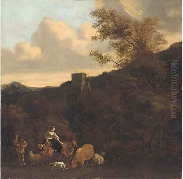 A maiden happening upon a cattle drover, a tower beyond - view 1