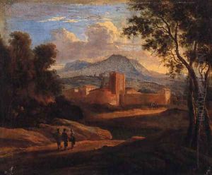 An Italianate landscape with travellers on a track, a walled town beyond