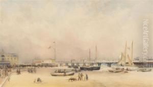 A Busy Beach Scene By The Pier